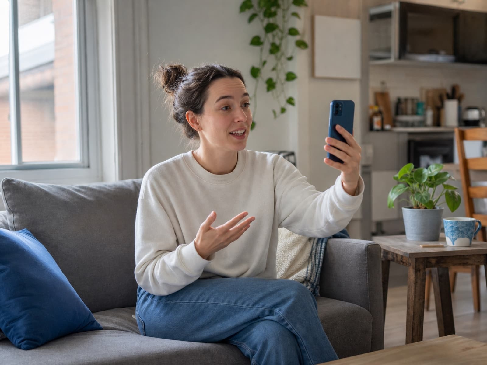 Criador gravando casualmente com um celular em casa