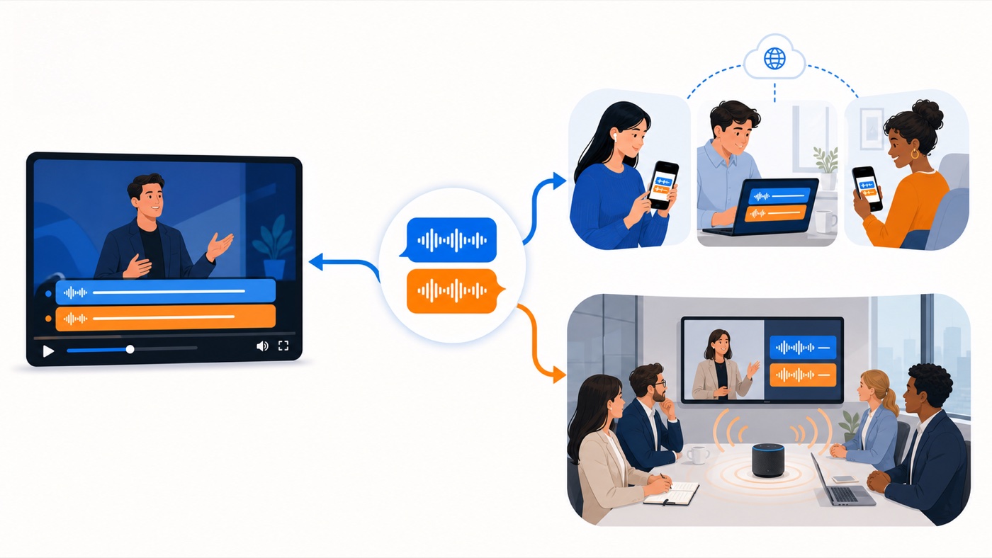 One translated result shared as a subtitled video, live captions on personal devices, and translated audio in a meeting room