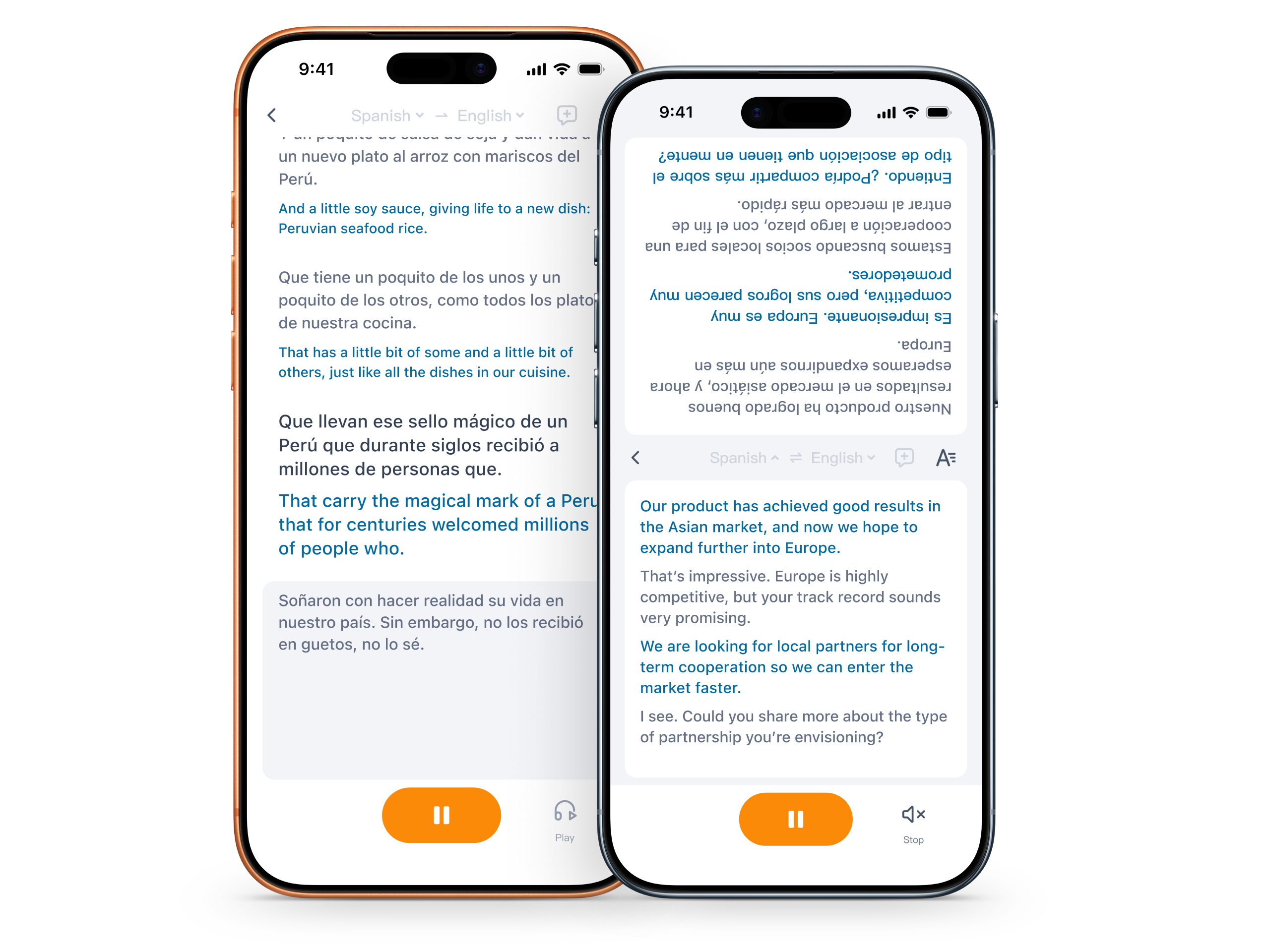 TransGull simultaneous interpretation showing the original speech, translation, and translated-audio control
